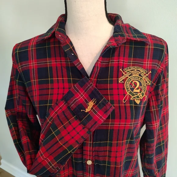 Ralph Lauren Sport Women's Tartan Plaid Preppy Wool Cotton Blend Shirt Red 14 - Picture 3 of 12
